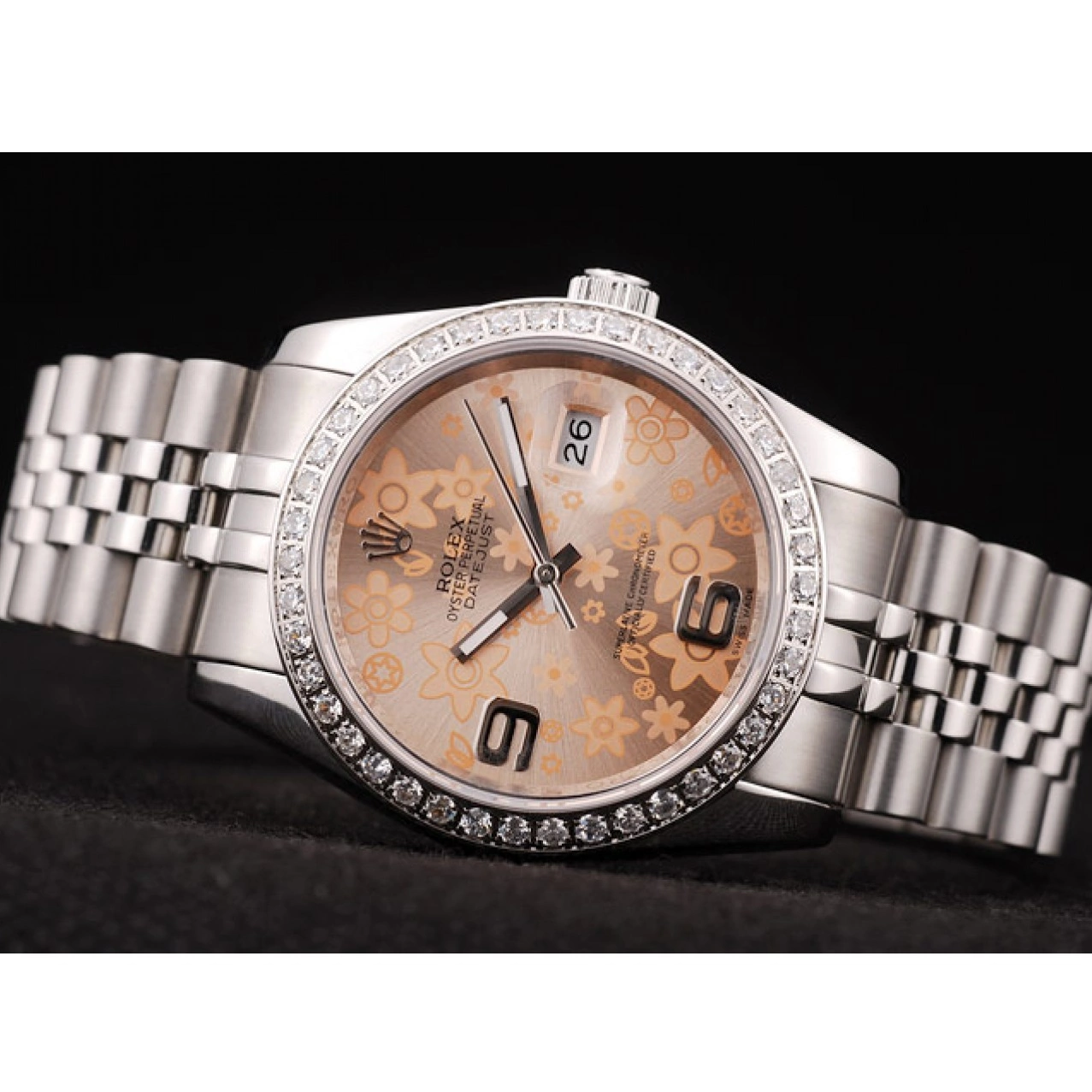 Aaa replica watch Flowers Rolex Orange Diamonds Plated Stainless Brushed Dial Steel DateJust Case 0818